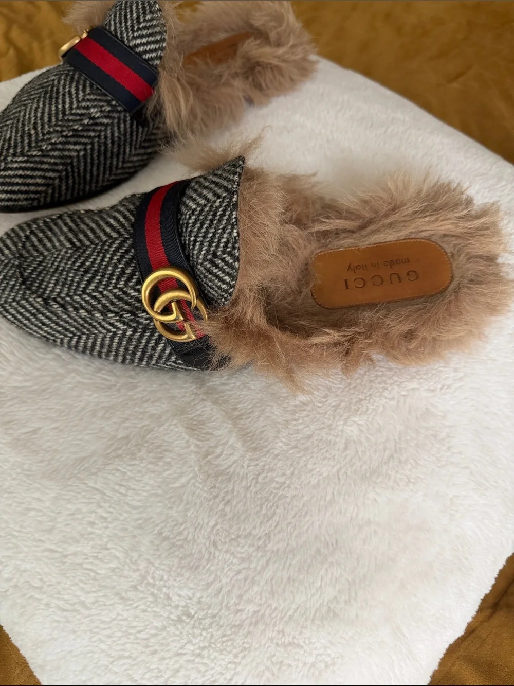 Gucci Black and Brown Fur-Lined Herringbone Princetown Mules